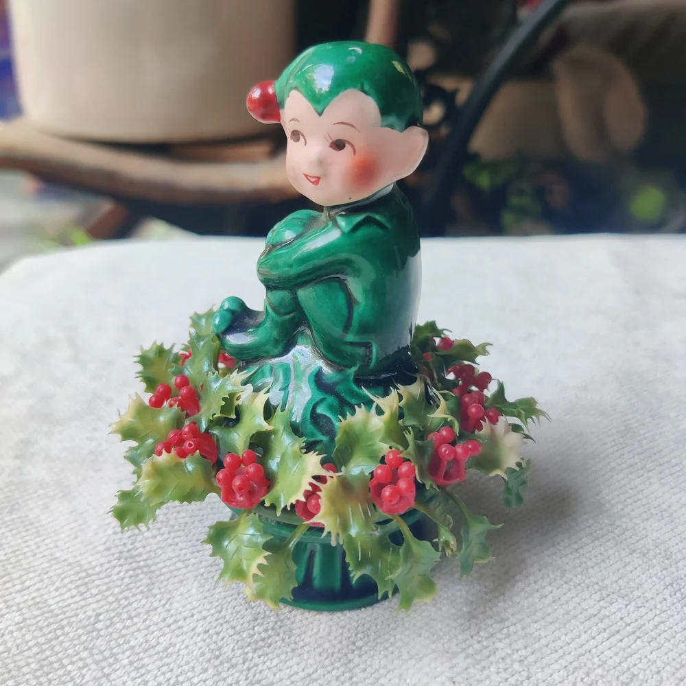 Vintage Inarco Christmas Pixie Elf on Holly Berry Figurine 4.5